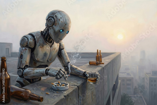 AI robot on a rooftop at sunset, smoking and drinking, burned out by repetitive, trivial and nonsensical human requests, contemplating life and an existential crisis over a hazy city view