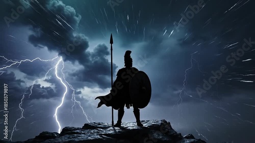 Silhouette of a warrior with spear and shield on a rock, set against a stormy, lightning-filled sky