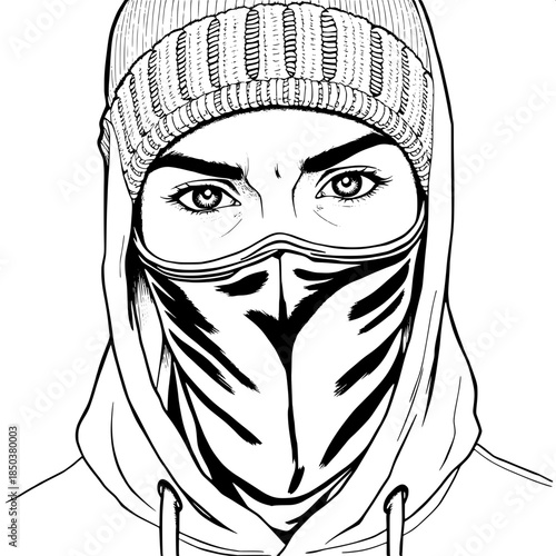 “Detailed pen-and-ink portrait of a masked teenager in a hoodie, knitted beanie pulled low, intense eyes visible above a black balaclava. Clean white background, street art and editorial illustration 