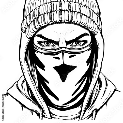 “Detailed pen-and-ink portrait of a masked teenager in a hoodie, knitted beanie pulled low, intense eyes visible above a black balaclava. Clean white background, street art and editorial illustration 