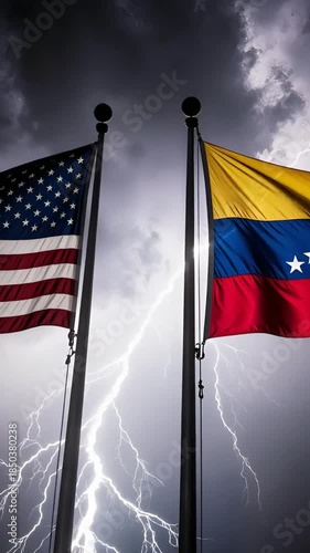 flags of usa and venezuela on high flagpoles during a thunderstorm