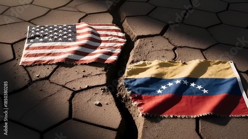 torn flags of usa and venezuela lying on dry cracked earth