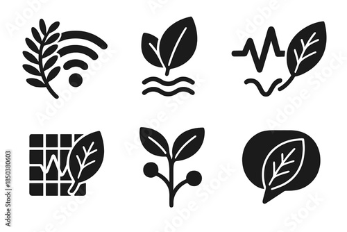Botanical Signal Icons. Solid style icons of botanical signal systems: frond outlines, wave markers, pulse grids, frequency nodes,