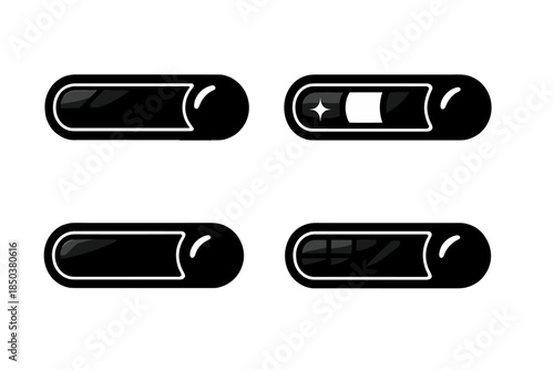 Glossy Progress Icons. Solid style icons of glossy coat progress bars: polished surfaces, luminous panels, progress markers,