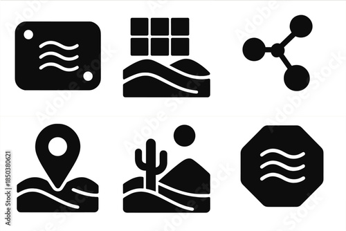 Desert Interface Icons. Solid style icons of desert-ready interface systems: sandproof panels, dune grids, control nodes,