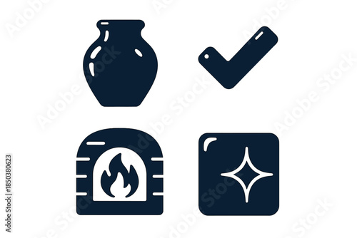 Glazed Pottery Icons. Solid style icons of glazed pottery achievement: glossy surfaces, reflective highlights, completion markers,