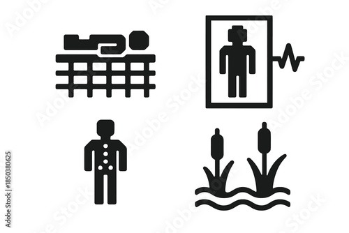Pixelated Bog Bodies Icons. Solid style icons of pixelated bog bodies: blocky figures, swamp grids, pulse markers, digital