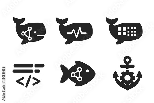 Aquatic System Icons. Solid style icons of aquatic computation systems: whale outlines, data nodes, pulse markers, processing