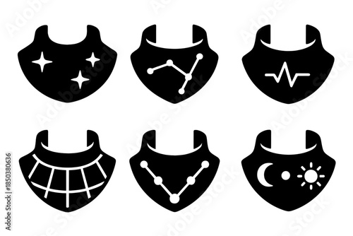 Celestial Neck Protectors. Solid style icons of celestial neck protectors: gorget panels, constellation outlines, pulse markers,