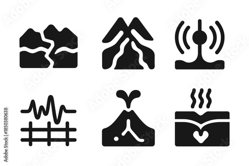 Crustal Wave Icons. Solid style icons of crustal wave transmitters: fissure lines, magma flows, pulse markers, signal grids, vent