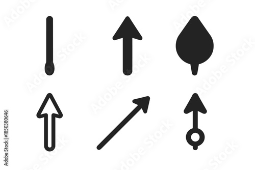 Silken Thread Icons. Solid style icons of silken thread pointing north: single web strand, arrow tip, pulse marker, directional