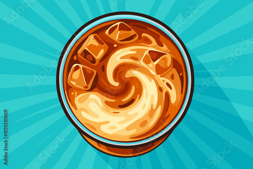 Swirling Iced Coffee. Flat lay of freshly made vector illustration iced coffee with milk swirling in the glass, vibrant lighting,