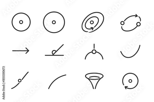 Orbital Mechanics Icons. Line style icons of orbital mechanics: circular orbit, elliptical orbit, decaying orbit, transfer path;