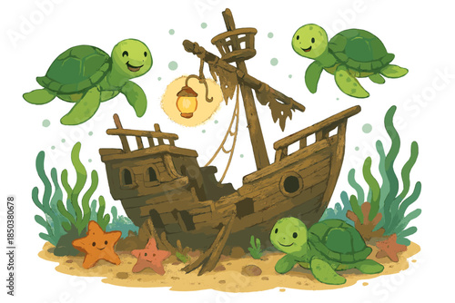 Underwater Pirate Adventure. Sunken pirate ship with happy turtles, starfish, seaweed, and glowing lantern fish swimming around No