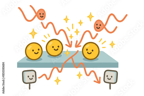 Playful Plasmon Resonance. Cheerful doodle surface plasmon resonance experiment with happy gold nanoparticles, cartoon light waves