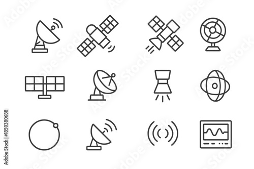 Space Satellite Icons. Line style icons of satellites in orbit: communication satellite, weather satellite, spy satellite,