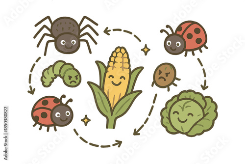 Cheerful Natural Pest Control. Cute doodle natural pest control scene with cheerful predators like spiders and ladybugs, cartoon