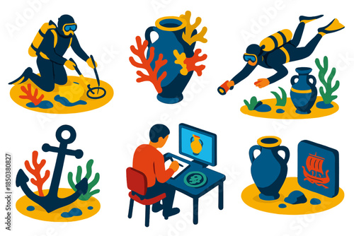 Underwater Archaeology Icons. Isometric vector illustration set Nautical archaeology: underwater excavation, coral-encrusted