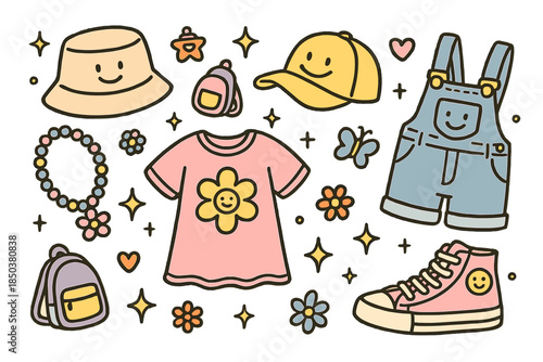 Cheerful Fashion Doodles. Cute doodle fashion subculture illustration with cheerful outfits, smiling hats and sneakers, cartoon