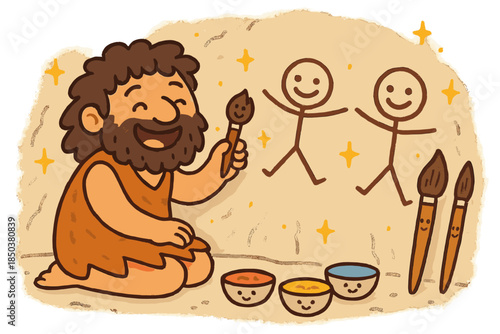 Joyful Prehistoric Artistry. Cheerful doodle prehistoric artist at work with smiling human figures, cartoon pigments in bowls,