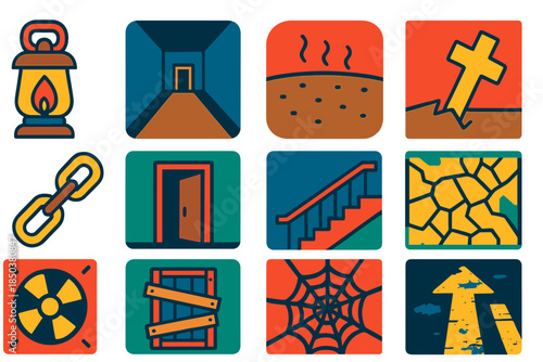 Forgotten Sanatorium Icons. Flat vector icons of Forgotten Sanatorium Atmosphere: lantern light, echoing hallway, dusty floor,