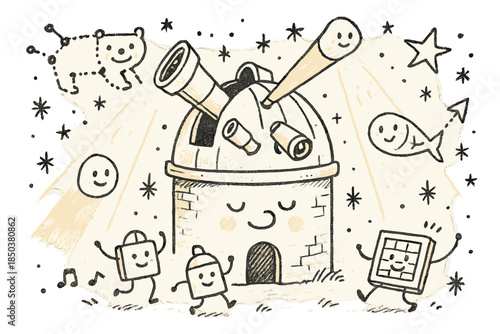 Whimsical Observatory Joy. Fantasy doodle observatory with a dome smiling, telescopes peeking out, light beams entering with faces