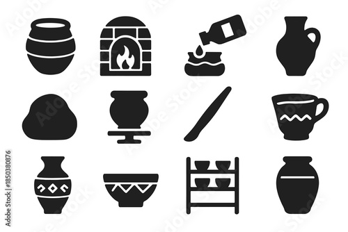 Artisan Pottery Icons. Solid style icons of Artisan Pottery: Coil Pot, Kiln, Glaze, Unique Piece, Clay Lump, Potter’s Wheel,