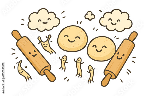 Happy Pizza Dough Celebration. Friendly doodle pizza dough scene with happy rolling pins, smiling dough balls, cartoon flour