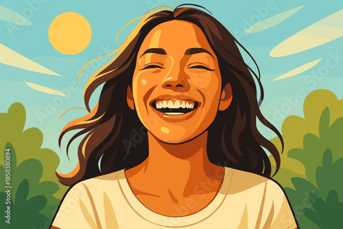 Radiant Smiling Portrait. Joyful vector illustration portrait of a young woman with a radiant smile under bright sunlight, vibrant