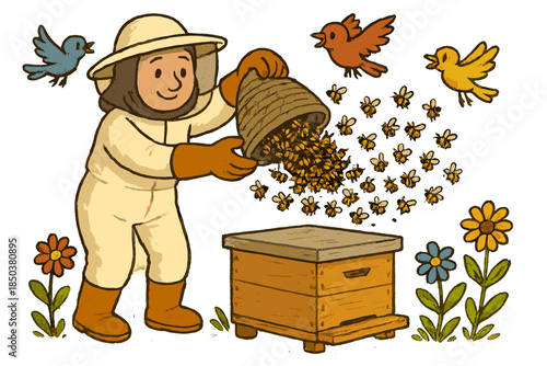 Beekeeper's Swarm Adventure. Swarm relocation adventure with a beekeeper guiding bees into a new hive, birds cheering, and flowers