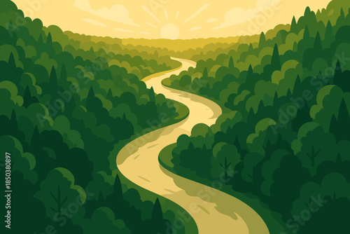 Golden River Serenity. Scenic aerial shot of a winding river surrounded by dense vector illustration green forests, illuminated by