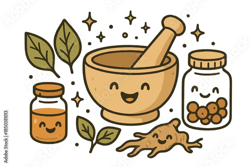 Joyful Herbal Alchemy. Joyful doodle traditional medicine preparation with cheerful mortar and pestle, happy leaves and roots,