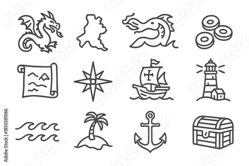 Medieval Cartography Icons. Line style icons of Medieval Cartography: Here Be Dragons, Jagged Coastline, Sea Creature, Gold Coins;