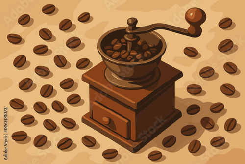 Artisan Coffee Harmony. Artistic vector illustration flat lay of artisan coffee beans scattered around a vintage grinder, rich
