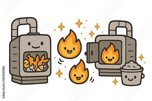 Cheerful Incineration Scene. Adorable doodle incineration process with smiling furnaces, cartoon flames bouncing, cheerful ash