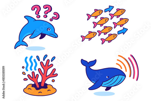 Vibrant Marine Disturbance. Isometric vector illustration set Marine Life Disturbance: Disoriented dolphin, fleeing fish school,