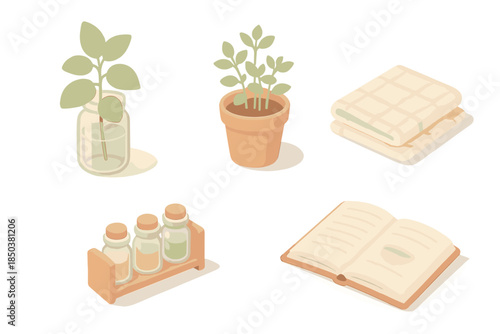 Cozy Kitchen Windowsill. Isometric vector illustration set Cozy Kitchen Windowsill: mint leaves in glass jar, oregano in clay pot,