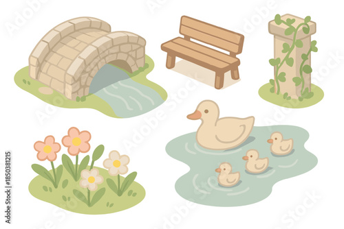 Village Stream Serenity. Isometric vector illustration set Village Stream Bridge: small stone path bridge, wooden bench, ivy vines