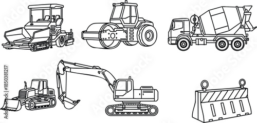 Collection of Heavy Construction Vehicles and Equipment Line Art.