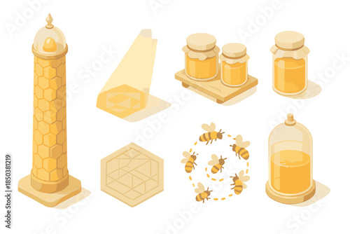 Golden Hive Observatory. Isometric vector illustration set Golden Hive Observatory: tall honey tower, beam of sunlight, honey jars