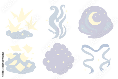 Celestial Origami Cyclone. Isometric vector illustration set Celestial Paper Cyclone: glowing cranes, translucent air currents,