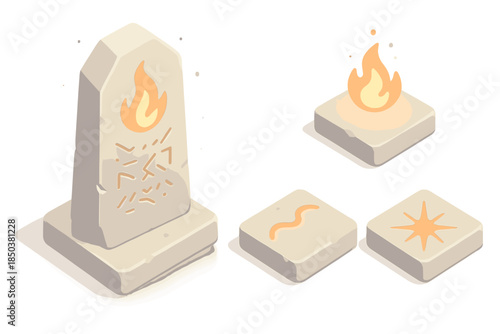 Ember Script Monolith. Isometric vector illustration set Ember Script Monolith: engraved stone slab, fire spark symbols, molten