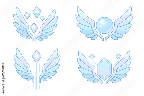 Quantum Wing Design. Isometric vector illustration set Quantum Wing Array: symmetrical metallic feathers, iridescent glow,