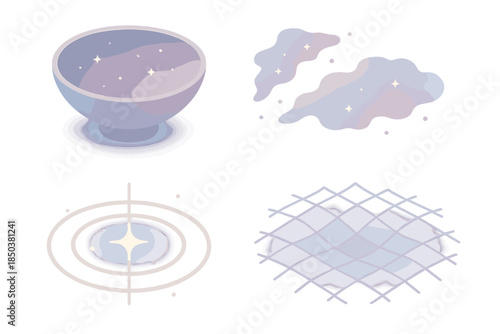 Interstellar Reflection Basin. Isometric vector illustration set Interstellar Reflection Basin: large reflective bowl, drifting