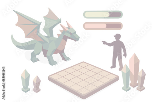 Polygon Beast Arena. Isometric vector illustration set Polygon Beast Arena: angular dragon figure, trainer silhouette, battle