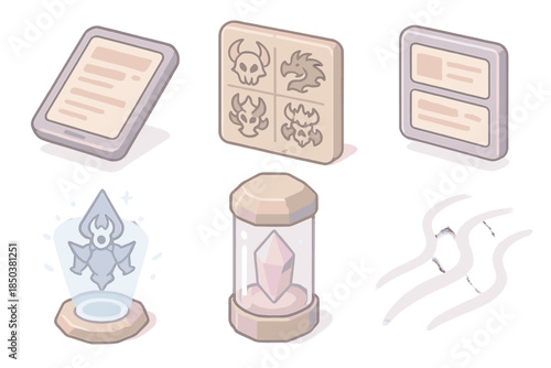 Battle Chronicle Archive. Isometric vector illustration set Battle Chronicle Archive: floating data tablet, engraved boss symbols,