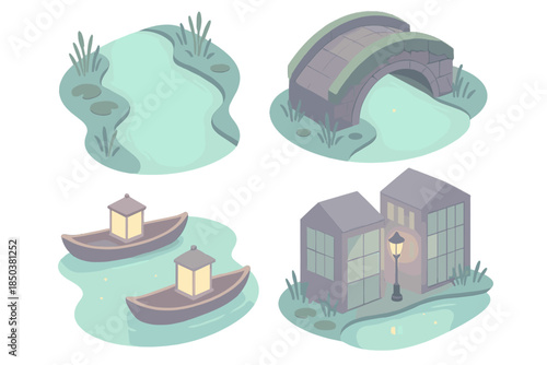 Luminescent Canal District. Isometric vector illustration set Luminescent Canal District: glowing river water, mossy bridge,