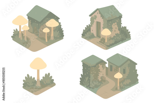 Luminous Alley Garden. Isometric vector illustration set Luminous Alley Garden: narrow pathway, glowing fungal lamps, green