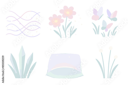 Particle Meadow Nexus. Isometric vector illustration set Particle Meadow Nexus: entangled light field, pulsating blossoms,