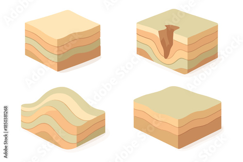 Folded Earth Layers. Isometric vector illustration set Folded Earth Layers: geological paper strata, canyon cross-section, pastel